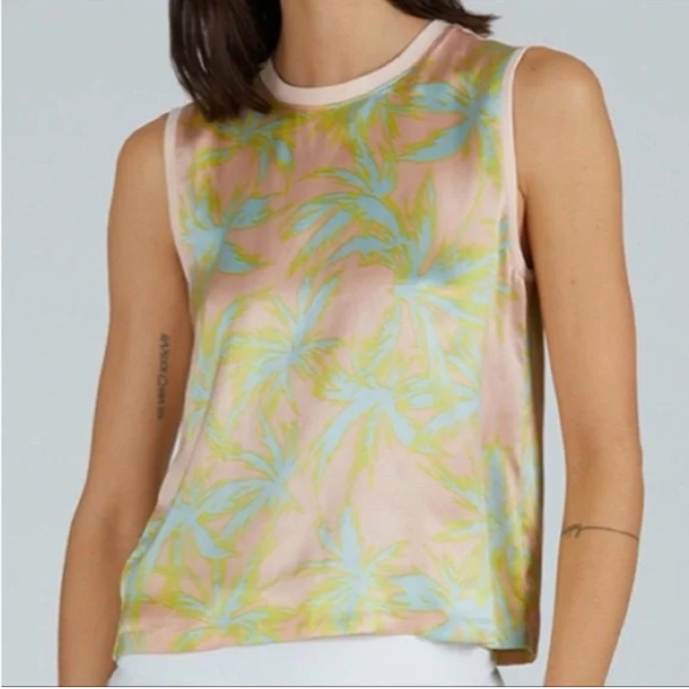 ATM Palm Print 100%Silk Charmeuse Tank Blush Blue Sz M Beachy Boho Retro